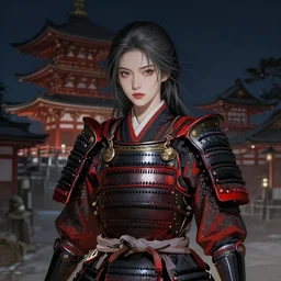portrait dark grey hair han so hee female samurai, wearings black and red samurai armor, at jaapnese temple night, ssci - fi and fantasy, intricate and very very beautiful and elegant, highly detailed, digital painting, artstation, concept art, smooth and sharp focus, illustration, art by tian zi and wlop and alphonse mucha