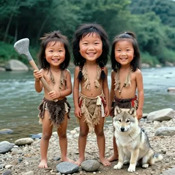 a full - body portrait of little asian cuties caveman, have 3 times oversized head, smile expression, make stone tools at the river bank, holding the stone adze, with cute oversized head wolf puppy sits beside them, a colorized photo, colorized, # film, movie still