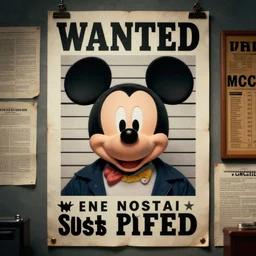 Most Wanted Criminal FBI poster featuring realistic mugshot of a realistic Mickey Mouse, photorealistic, the poster is on a wall among other papers. Cinematic detective with his crime board. High resolution, dramatic lighting
