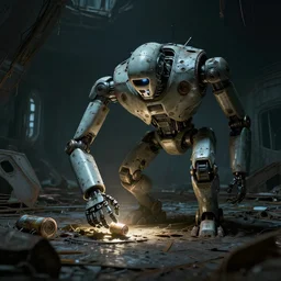 A single weak light enlighten the scene of a abandoned and derelict space station. A nearly destroyed  looking robot is scavenging for the last battery. 4K , Highly detailed , High details , Dead space , System shock 2