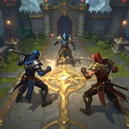 fight scene league of legends style medieval road near castles, 3 characters, center camera composition, volumetric lighting, movie action scene, 8 k, lumen reflections, sharpened, insanely detailed and intricate, elegant, ornate