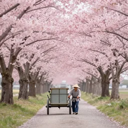 WALK AMONG THE CHERRY BLOSSOMS, Old Japanese Farmer pushing cart down path of gigantic pink cherry blossom trees, by Roger Deakins and Moebius and Alphonse Much and Guweiz, Intricate details, very realistic, cinematic lighting, volumetric lighting, photographic