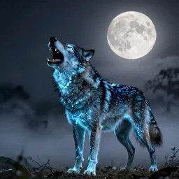 bioluminescent wolf howling at the full moon, HD, Award winning photograph, hyperreal, fog, detailed, Amazing