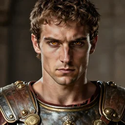 roman general, handsome noble, ancient soldier, close - up portrait of roman warrior in lorica segmentata, character portrait, masterfully shaded, deep focus, amber eyes, insane color, artstation, perfect dramatic lighting, 8 k, game cover art, sharp focus, anatomically correct, historical reconstruction, by artgerm