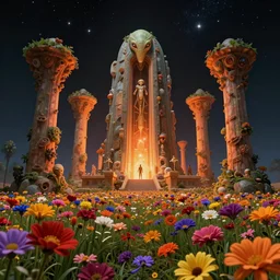 a beautiful up close view of a 3 d mystical alien shrine in a field of multicolored colored flowers, underneath a star filled night sky, harold newton, zdzislaw beksinski, donato giancola, warm coloured, gigantic pillars and flowers, maschinen krieger, beeple, star trek, star wars, ilm, atmospheric perspective