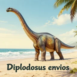 a diplodocus in a beach with a text that says Diplodocus envios
