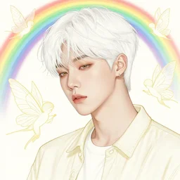 harmony of golden 😢, mute, coherent, fairies, light language, white haired male teen jimin, rainbow lineart, by wlop, james jean, victo ngai! muted colors, highly detailed, sharp lineart, crisp quality, smooth, fantasy art by craig mullins, thomas kinkade - w 6 4 0