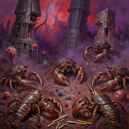 fine art oil painting pencils varied muck jeweled, filthy rugated armored crustaceans clawing & terrified as massive brutalist structures, claustrophobic cilia sporing pox, final battle, red purple fog, by alex nino by francesco blanc, geof darrow, bisley, b wolverton & by jack gaughan high resolution, hyper detailed, cinematic, ornate