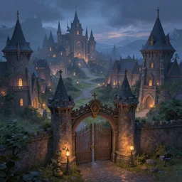 gates of a magical town, evening, fantasy art, trending artstation