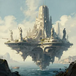 neo - classical floating city, towering statues in the distance, illustration by yoann lossell, raphael lacoste