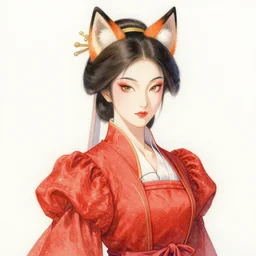 watercolor painting of avant - garde, beauty portrait of an asian samurai fox queen in a victorian red dress painted by yoshitaka amano, daniel merriam, ayami kojima, intricate detail, artstation, artgerm, in the style of dark - fantasy, rococo, gold leaf art, victo ngai