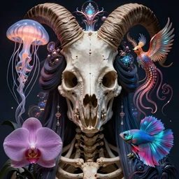 symmetry!! goddess close - up portrait human skeleton, ram skull, squid phoenix jellyfish, orchid, betta fish, bioluminiscent, intricate artwork by tooth wu and wlop and beeple. octane render, trending on artstation, greg rutkowski very coherent symmetrical artwork. cinematic, hyper realism, high detail, octane render, 8 k