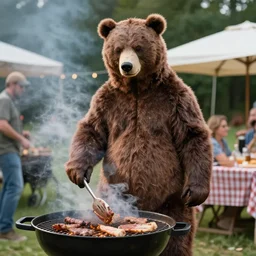 film still of bear grylls in a bear costume at a bbq grill party