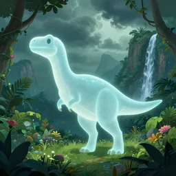 an ethereal ghost dinosaur in a prehistoric jungle, lush flora, waterfall, mountains, dark towering clouds, flowers, vines, sunset, volumetric lighting, rtx on, washed out colors, an award winning digital render, beautiful, ultradetailed, great composition