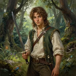 A beautiful digital painting of a 30 year old hobbit dressed as a hobbit in the mirkwood forrest holding sting the sword looking at the camera by Stanley Artgerm Lau, frank frazetta, Rossdraws, James Jean, gerald brom, Andrei Riabovitchev, Marc Simonetti, and Sakimichan, trending on artstation, SFW version