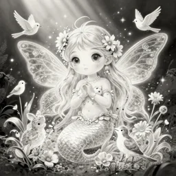 magical illustration of ethereal fantasy creature, beautiful fairie, mermaid, female portrait with flowers, whimsical big - eyed character accompanied by animals and birds, light greyscale, line art