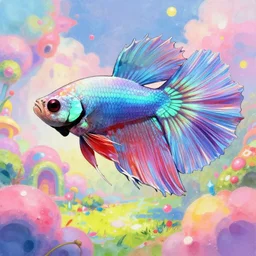 anime key visual inspired by iridescent betta splendens vintage 90's anime mixed with pastel impasto highly rhythmic expressionistic wild anime pleasing palette trending on artstation super fluffy funhouse surreal unpredictable wild unexplainable fantasy land you could not have dreamed of