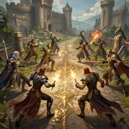 fantasy league of legends characters fight on medieval road near castle, action scene, 8 k, lumen reflections, sharpened, insanely detailed and intricate, hypermaximalist, elegant, ornate, hyper realistic, super detailed, digital art