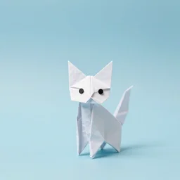 an origami kitten in a light blue room, studio photo, dslr, soft lighting