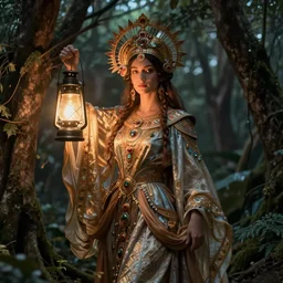 queen of the forest with her lantern, by Annie Swynnerton and Nicholas Roerich and jean delville, dramatic cinematic lighting , ornate headdress , flowing robes, lost civilizations, extremely detailed