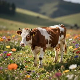 a little cow in a field surrounded by flowers, tilt shift photo