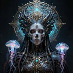queen of death. intricate portrait, occult cyberpunk, ancient futuristic, dark art, occult. intricate biomechanical, bioluminescent halo around head, mandala ornament, cybernetic glowing jellyfish, tentacles, by Petros Afshar, by artgerm, by Eddie Mendoza, by Peter mohrbacher by tooth wu, unreal engine, octane render, cinematic light, high details, iridescent colors, macro