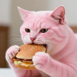 photo of a pink cat with pink fur, eating a hamburger, biting a hamburger