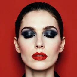 an 8 0 s close up portrait of a woman with dark eye - shadow and red lips with dark slicked back hair dreaming acid - fueled hallucinations by serge lutens, rolf armstrong, delphin enjolras, peter elson, flat surreal psychedelic colors, background of classic red cloth