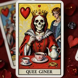Queen of Hearts having tea, Death Tarot card,highly detailed,half skull face,cinematic,8k,by Stanley Artgermm,Tom Bagshaw,Greg Rutkowski,Carne Griffiths, Ayami Kojima, Beksinski, Giger,trending on DeviantArt,hyper detailed,horror, full of colour