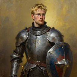 greg manchess oil matte portrait painting, man blond knight with glasses and sword and shield, wonderful masterpiece highly detailed, scifi, beautiful cinematic light deep focus, elegant, digital painting, smooth, sharp focus, golden ratio, dramatic illumination, ultra realistic, 4 k, art by greg rutkowski wlop rossdraws