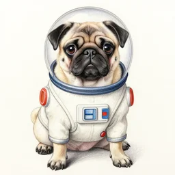 pug dog wearing space suit, color pencil art