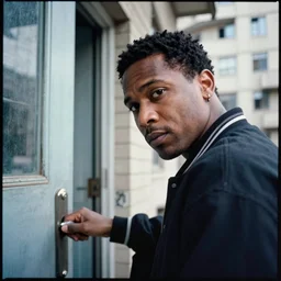 close-up Portrait of a 1990s Philadelphia b-boy looking back while exiting his brutalist apartment, hand on the doorknob, photographed for Reuters by Spike Jonze, Kodak Portra 400, 25mm f/1.8, light diffusion, contrast, film grain, 8k archival print