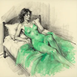 abstract charcoal sketch, colorful, green, woman, bed, vladimir volegov