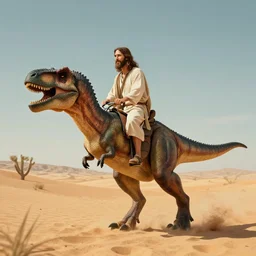 jesus riding a trex in the desert. concept art