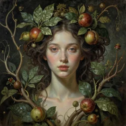 unique non-conventionally beautiful nature goddess, ornamental plants, leaves, fruits, and branches, surreal composition, intricate, elegant, sensual, moody, etheric, dramatic lighting, emotionally evoking symbolic metaphor, highly detailed, painterly, digital painting, artstation, concept art, smooth, face in focus, sharp focus, art by Ernst Fuchs and John Collier and Krenz Cushart and Artem Demura and Alphonse Mucha and Albert Aublet