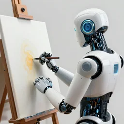 photorealistic illustration of a futuristic robot making a beautiful painting of a human brain on a canvas in a modern artist studio, artstation, deviantart, cgsociety
