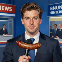 a photorealistic impressionist painting of a handsome news reporter with a symmetric face interviewing with a sausage as a microphone, a frankfurter sausage as microphone, breaking news, in the style of hopper