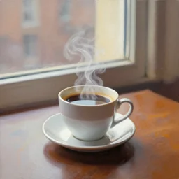 a hot cup of coffee on a table by a window, painterly style by bill sienkeiwicz