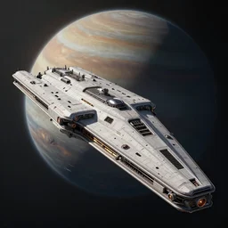 highly detailed concept art showing a gigantic wedge shaped starship, orbiting a gas giant, sci fi, artstation, highly detailed, beautiful lighting, Artstation HQ