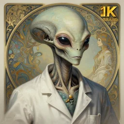 portrait of alien scientist, intricate, elegant, highly detailed, ray tracing, digital painting, artstation, concept art, smooth, sharp focus, illustration, art by artgerm and greg rutkowski and alphonse mucha, 8 k