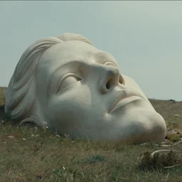 a film still of oblivion by james paick, massive godlike statuette of a face half buried in the landscape, cinematic, film art of character design, matte painting, vibrant, 5 0 mm lens, behance hd, sunrise, dramatic lighting, cinematic, global illumination, deviant art, trending on artstation, bloom