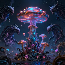Psychedelic Alien with psychedelic mushroom, Dark Neon colored Universe, cosmic entities, sacred geometry, space krakens by H.R, Giger, octane render trending on artstation HD