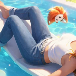 closeup portrait of tracer from overwatch relaxing in jeans and a t - shirt on a floating pool chair, sunny, bright, reflections, intricate, sharp focus, lens flare, bloom, illustration, highly detailed, digital painting, concept art, matte, art by ruan jia and wlop and greg rutkowski, masterpiece