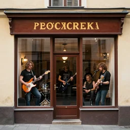 Rock band playing in the storefront vintage, storefront, by Jaroslaw Jasnikowski style