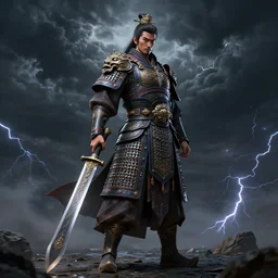 ancient ntricate oil game character design of a chinese anicientwarrior in clothes with a broadsword, down hard, dark cloud and lightning on the grounddramatic lighting, cg, whole body, extremely detailed, 8 k, sophisticated