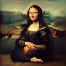 a portrait picture of a skinny young woman wearing workout clothes doing yoga near the lake!, looks like mona lisa, renaissance oil painting, centered, masterpiece, award winning, sharp focus
