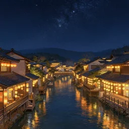 view from the river of a beautiful painting of the lantern festival in a an ancient japanese town, at night with a sky full of stars, intricate, elegant, highly detailed, digital painting, artstation, concept art, by krenz cushart and artem demura and alphonse mucha