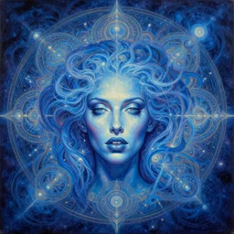 an overdetailed maximalist psychedelic visionary portrait of cosmo noisepoison painted by alex grey feat cameron gray. mandala inspired motives in the background. cosmic ethereal arcane spiritual esoteric holy sacred artistic fineart painting. spiralling composition. influenced by igor goryunov. blue colorpalette. volumetric lights