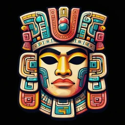 a minimalised but ornated vivid and colorful symmetric recogniseable face portrait of a mayan emperor. In Comic, graffity style design by Chris Dyer aka chrisdyerpositivecreations..
