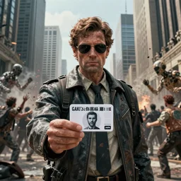 G-man from half life 2 giving you a card with a face on it saying loyalty program program card while wall street skyscrapers are in the background made out of frail bodies with rioting crowds of people attacking each other, 4k render, 35mm film grain, dystopian, hyper realistic, cinematic lighting, tragic